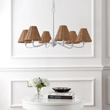 Grady Coastal Farmhouse Adjustable Swooping Arm Metal with Hand-Woven Rattan Shades LED Chandelier