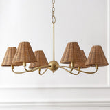 Grady Coastal Farmhouse Adjustable Swooping Arm Metal with Hand-Woven Rattan Shades LED Chandelier