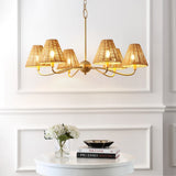 Grady Coastal Farmhouse Adjustable Swooping Arm Metal with Hand-Woven Rattan Shades LED Chandelier