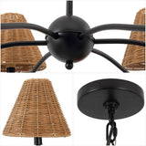 Grady Coastal Farmhouse Adjustable Swooping Arm Metal with Hand-Woven Rattan Shades LED Chandelier