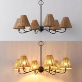 Grady Coastal Farmhouse Adjustable Swooping Arm Metal with Hand-Woven Rattan Shades LED Chandelier