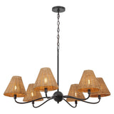 Grady Coastal Farmhouse Adjustable Swooping Arm Metal with Hand-Woven Rattan Shades LED Chandelier