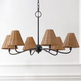 Grady Coastal Farmhouse Adjustable Swooping Arm Metal with Hand-Woven Rattan Shades LED Chandelier