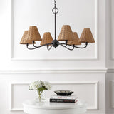Grady Coastal Farmhouse Adjustable Swooping Arm Metal with Hand-Woven Rattan Shades LED Chandelier