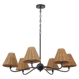 Grady Coastal Farmhouse Adjustable Swooping Arm Metal with Hand-Woven Rattan Shades LED Chandelier