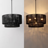 Elliott Coastal Bohemian Adjustable Metal Hand-Woven Rattan-Look Paper Rope 2-Tier Drum LED Chandelier