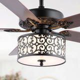 Paolo 52" Farmhouse Industrial Iron Scroll Drum Shade LED Ceiling Fan With Remote - JONATHAN Y