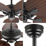 Raffles 52" Bohemian Industrial Iron/Plastic Mobile-App/Remote-Controlled 6-Speed Palm Blade Ceiling Fan