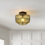 Evelyn 12.5" Vintage Farmhouse Iron/Glass LED Flush Mount - JONATHAN Y