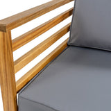 Thom 4-Piece Mid-Century Modern Acacia Wood Outdoor Patio Set with Cushions and Plaid Decorative Pillows - JONATHAN Y