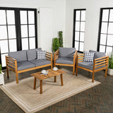 Thom 4-Piece Mid-Century Modern Acacia Wood Outdoor Patio Set with Cushions and Plaid Decorative Pillows - JONATHAN Y