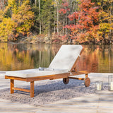 Seabrook Outdoor Acacia Wood Lounger with Cushion, 5-Position Back, Slide Table & Wheels - JONATHAN Y