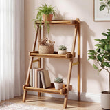 Joy 26.5"W x 22"D x 36"H 3-Tier Acacia Wood Indoor/Outdoor Foldable Compact Freestanding Ladder Plant Stand Display Rack Shelf