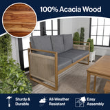 Gable 3-Seat Mid-Century Modern Roped Acacia Wood Outdoor Sofa with Cushions