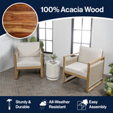 Gable Mid-Century Modern Roped Acacia Wood Outdoor Patio Chair with Cushions Set 2