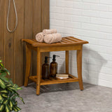 Tucker 22.1" Traditional Classic Slatted Solid Acacia Wood Indoor/Outdoor Shower Bench with Shelf and Handle
