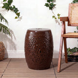 Tree of Life 18 in. Bohemian Traditional Pierced Ceramic Drum Indoor/Outdoor Garden Stool and Accent Table - Brown