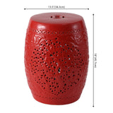 Tree of Life 18 in. Bohemian Traditional Pierced Ceramic Drum Indoor/Outdoor Garden Stool and Accent Table - Red