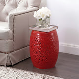 Tree of Life 18 in. Bohemian Traditional Pierced Ceramic Drum Indoor/Outdoor Garden Stool and Accent Table - Red