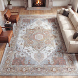 Sersi Ornate Large Medallion Border Non-slip Machine-washable Area Rug