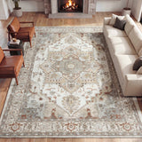 Sersi Ornate Large Medallion Border Non-slip Machine-washable Area Rug