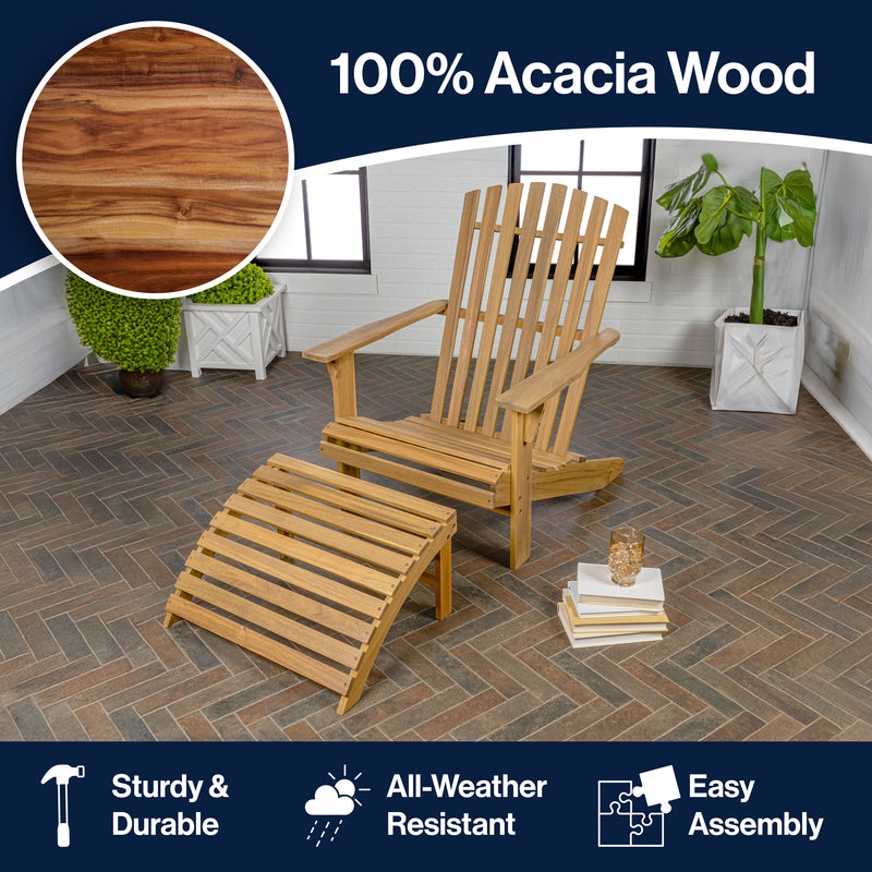 Saranac 2-Piece Traditional Rustic Acacia Wood Adirondack Chair with Detachable Ottoman