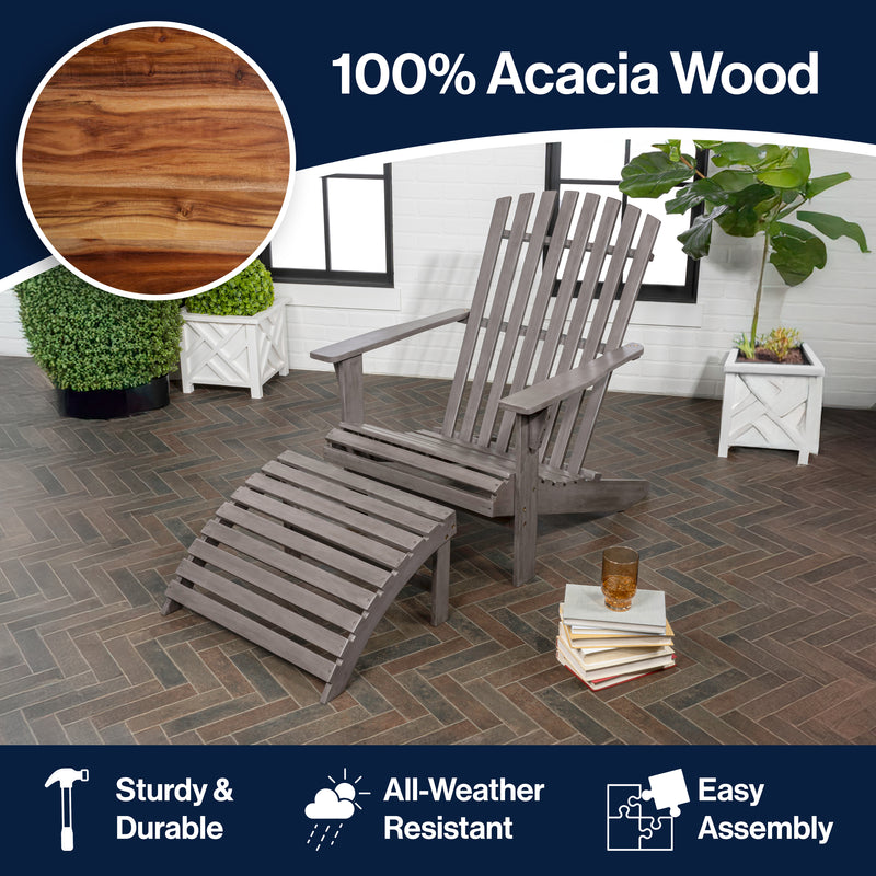 Saranac 2-Piece Traditional Rustic Acacia Wood Adirondack Chair with Detachable Ottoman