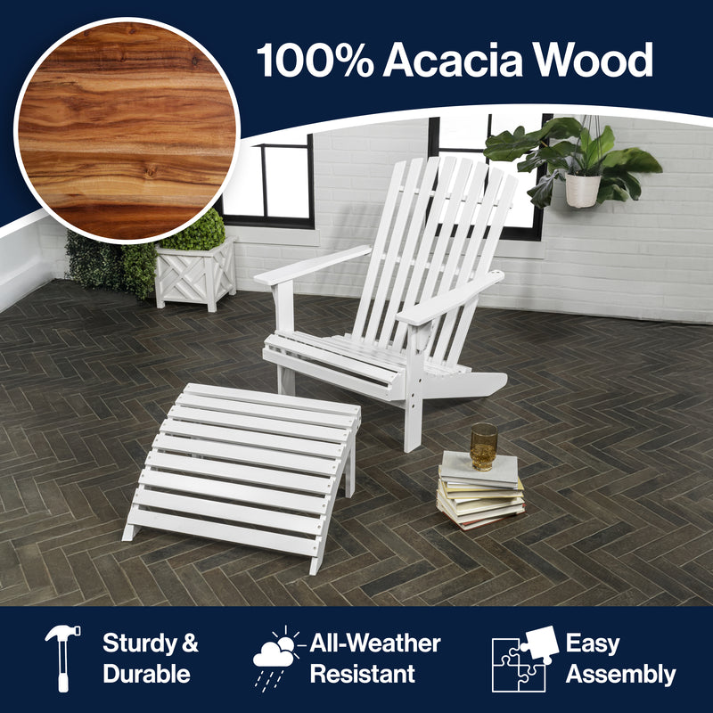 Saranac 2-Piece Traditional Rustic Acacia Wood Adirondack Chair with Detachable Ottoman