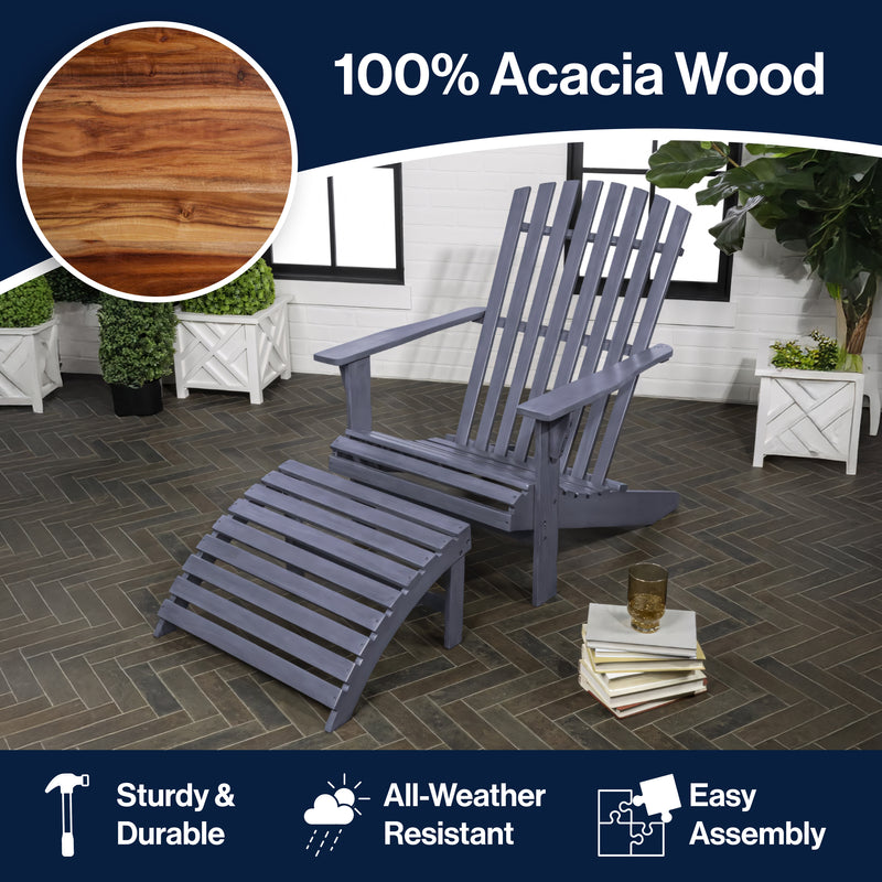 Saranac 2-Piece Traditional Rustic Acacia Wood Adirondack Chair with Detachable Ottoman