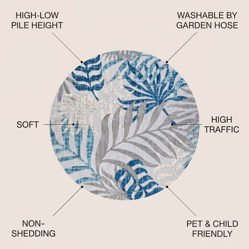 Tropics Palm Leaves Indoor/outdoor Area Rug Gray/Blue / Round / 5'3" Round – ICONS