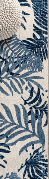 Tropics Palm Leaves Indoor/outdoor Area Rug Cream/Dark Blue / Runner / 2'3" X 8' – DETAIL