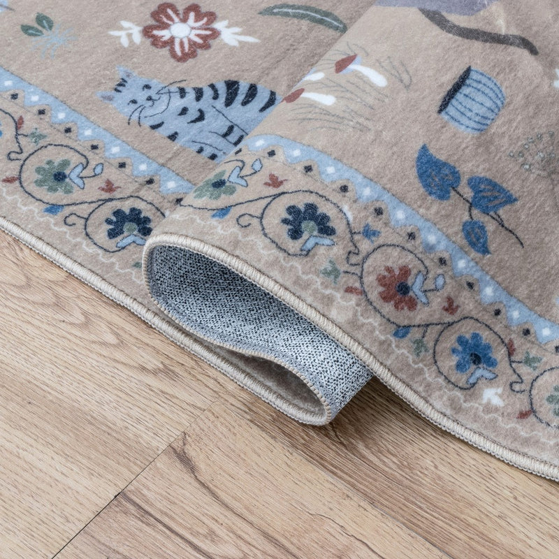 Catmosphere Festive Feline Floral Border Non-slip Machine-washable Area Rug