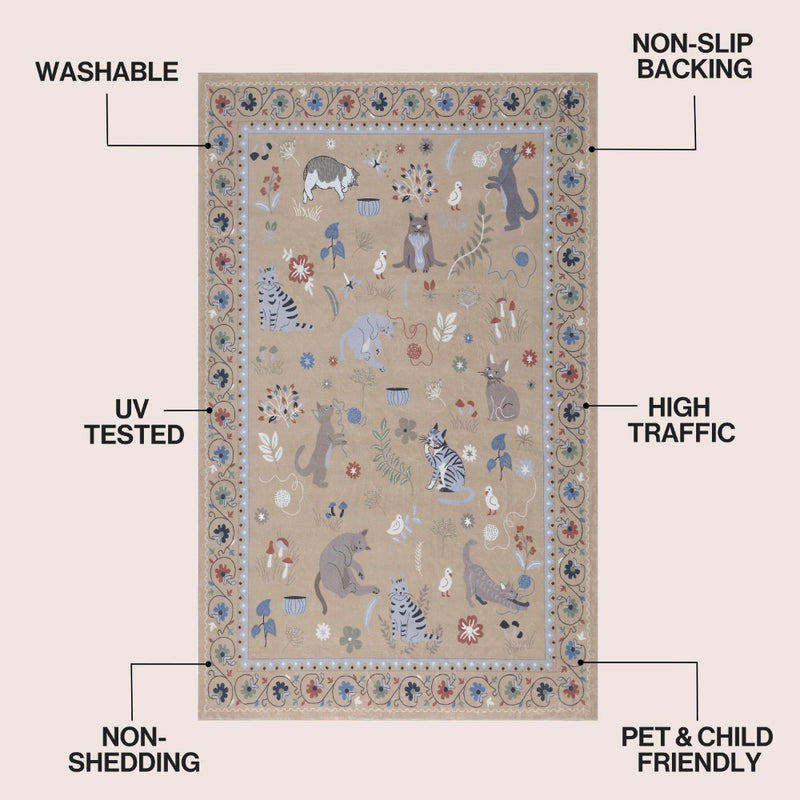 Catmosphere Festive Feline Floral Border Non-slip Machine-washable Area Rug