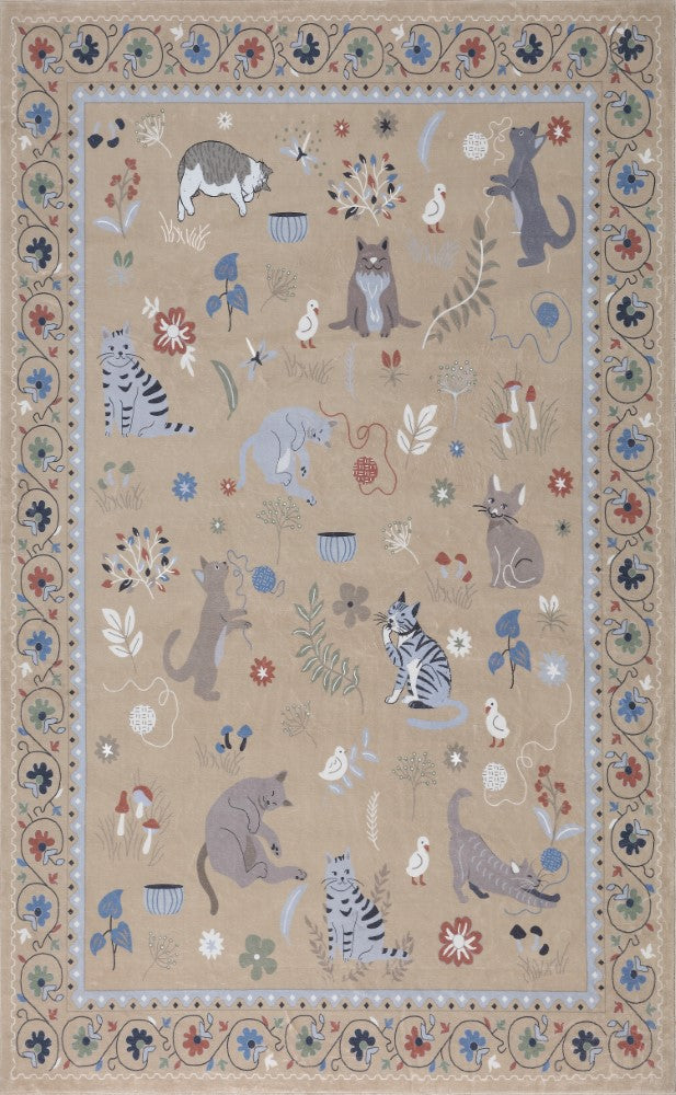 Catmosphere Festive Feline Floral Border Non-slip Machine-washable Area Rug