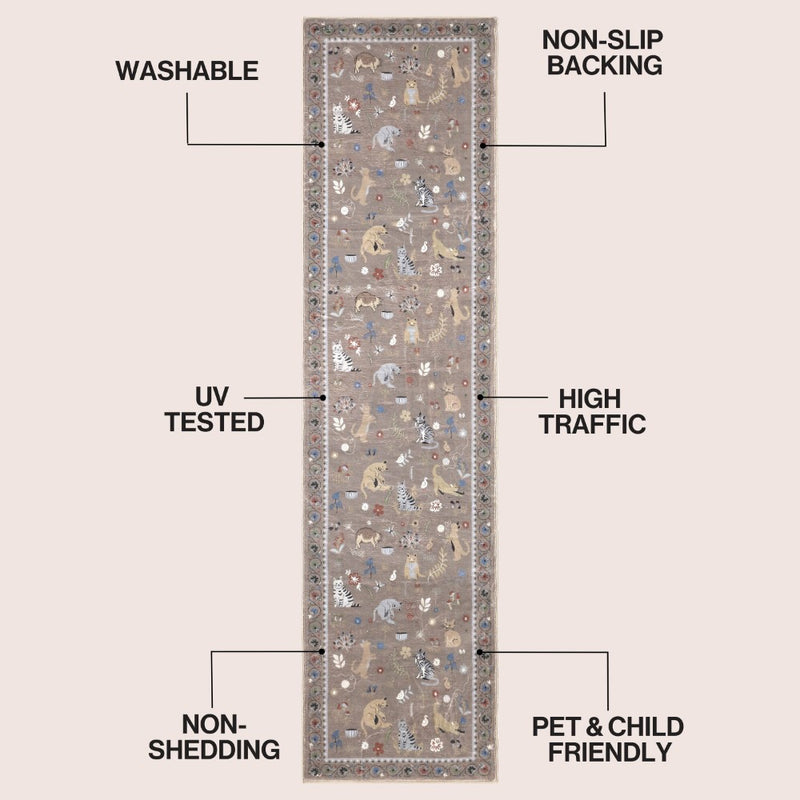 Catmosphere Festive Feline Floral Border Non-slip Machine-washable Area Rug