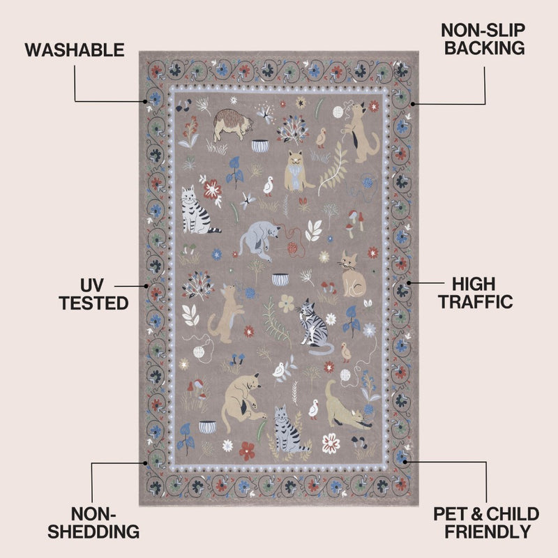 Catmosphere Festive Feline Floral Border Non-slip Machine-washable Area Rug