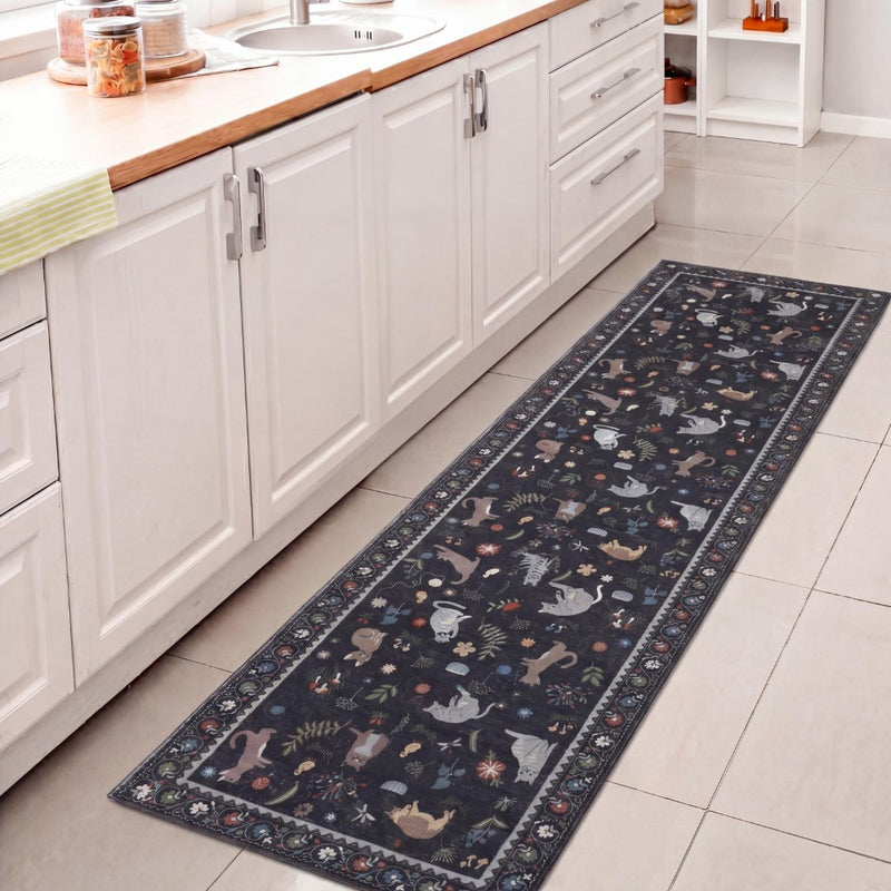 Catmosphere Festive Feline Floral Border Non-slip Machine-washable Area Rug