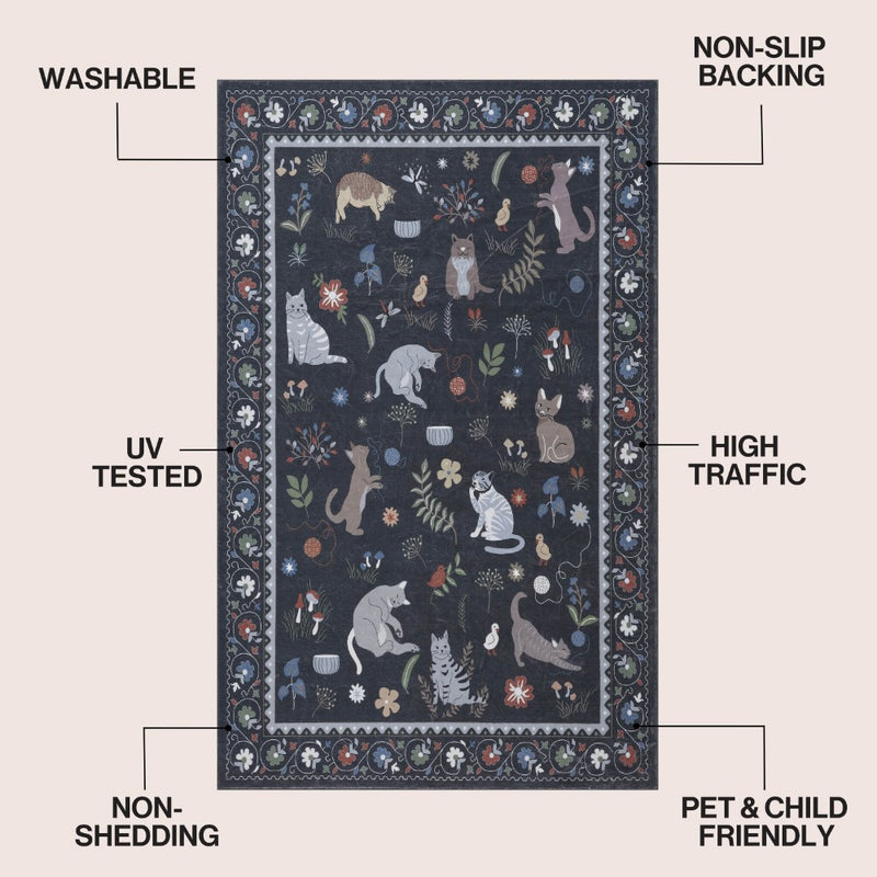 Catmosphere Festive Feline Floral Border Non-slip Machine-washable Area Rug