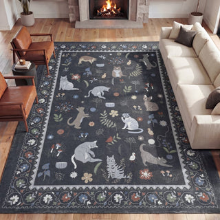 Catmosphere Festive Feline Floral Border Non-slip Machine-washable Area Rug