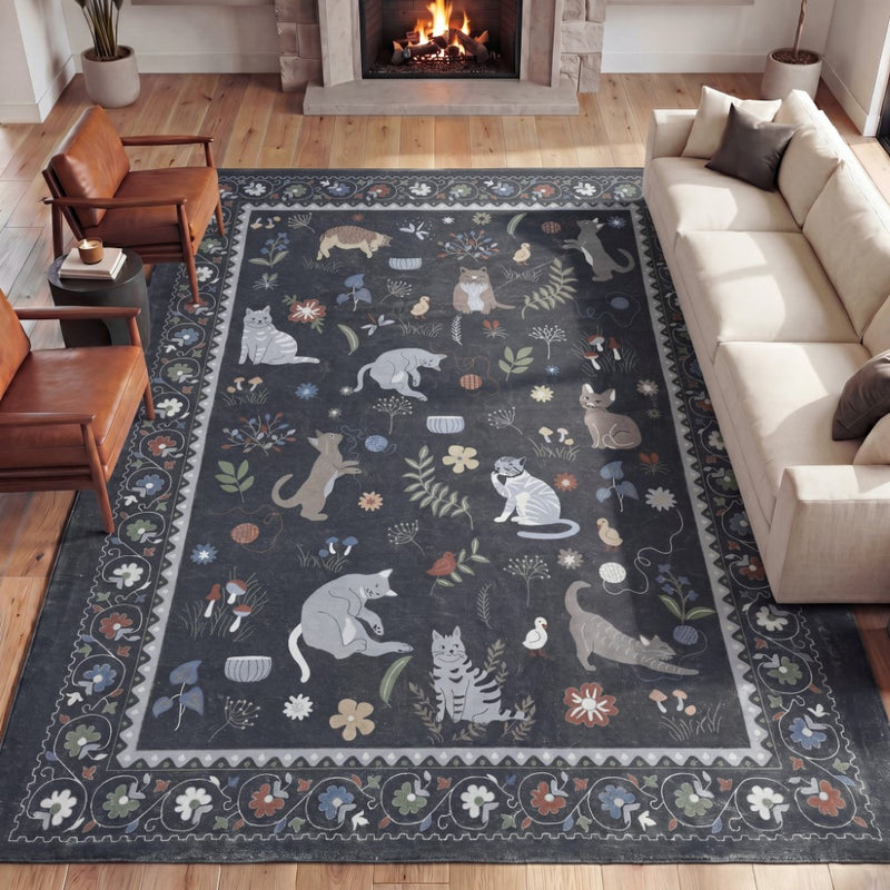 Catmosphere Festive Feline Floral Border Non-slip Machine-washable Area Rug