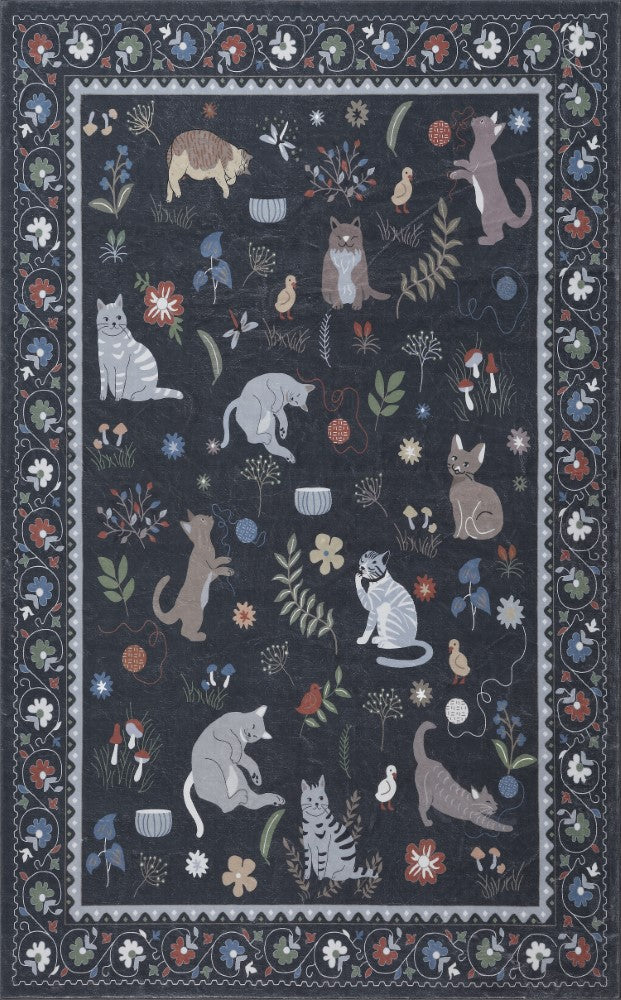Catmosphere Festive Feline Floral Border Non-slip Machine-washable Area Rug