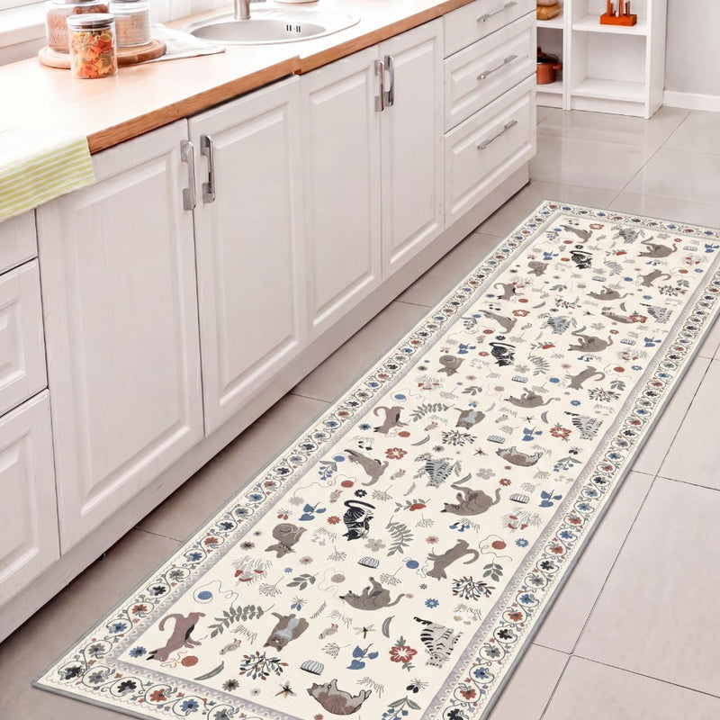 Catmosphere Festive Feline Floral Border Non-slip Machine-washable Area Rug
