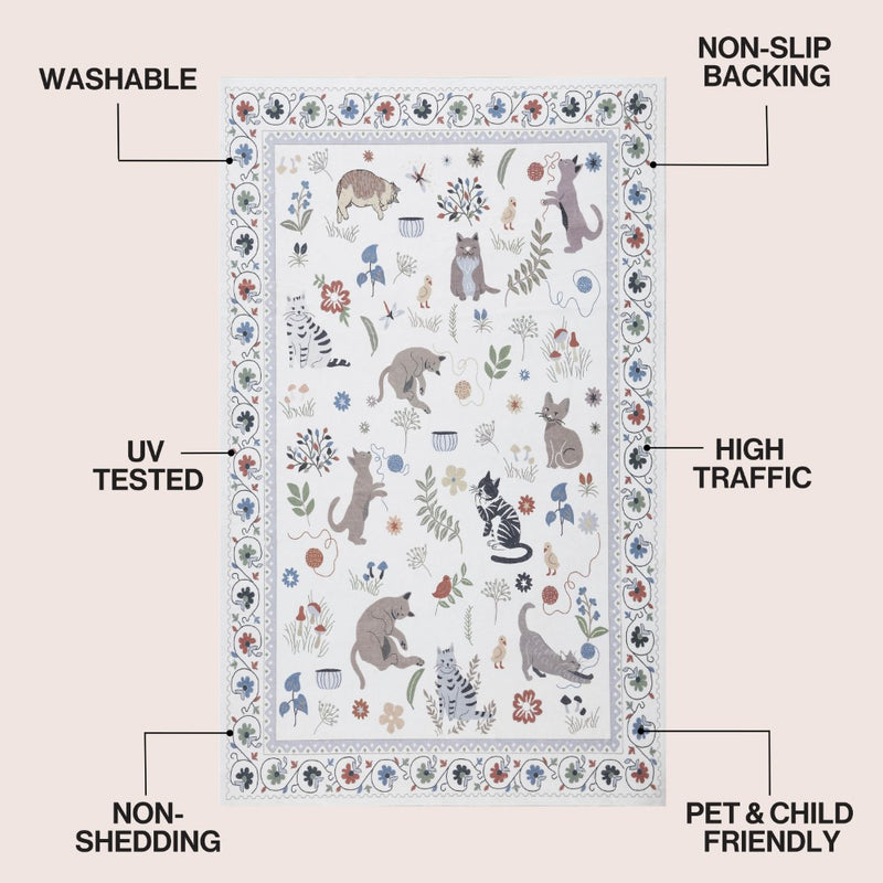Catmosphere Festive Feline Floral Border Non-slip Machine-washable Area Rug