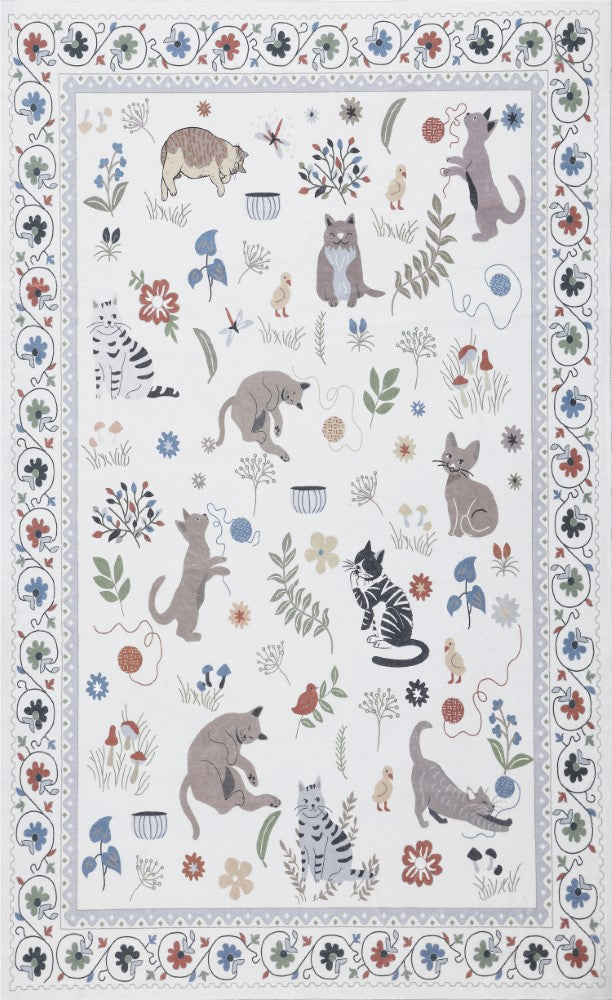 Catmosphere Festive Feline Floral Border Non-slip Machine-washable Area Rug
