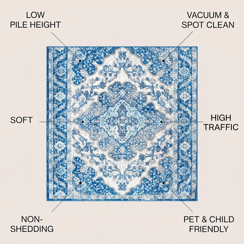 Bohemian Flair Boho Vintage Medallion Area Rug Cream/Blue / Square / 5'3" Square – ICONS