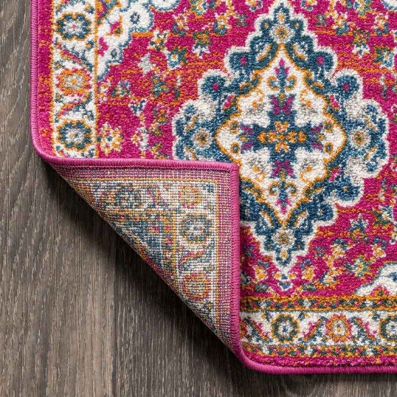 Bohemian Flair Boho Vintage Medallion Area Rug Fuchsia/White / Runner / 2'3" X 8' – BACK