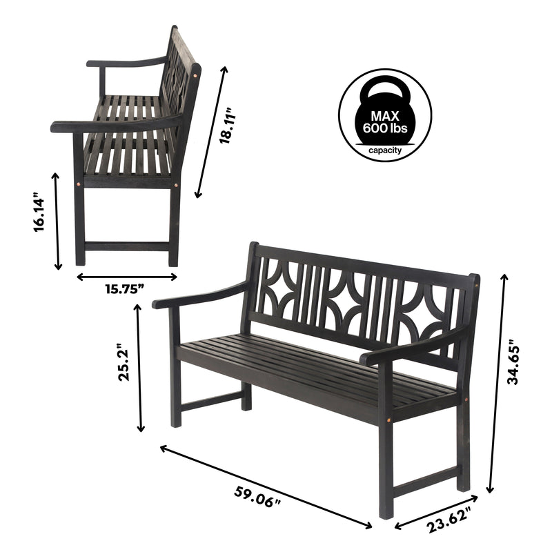 Sloane Ogee Diamond-Back 600-Lbs Support Acacia Wood Outdoor Garden Patio Bench - JONATHAN Y