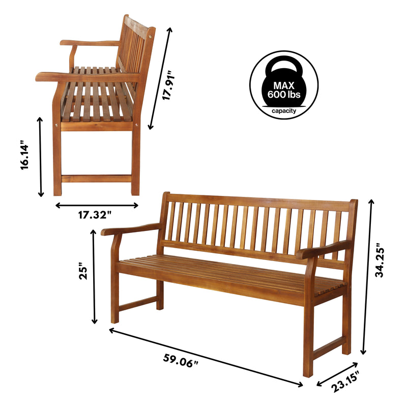 Laurel Slat-Back 600-Lbs Support Acacia Wood Outdoor Garden Patio Bench