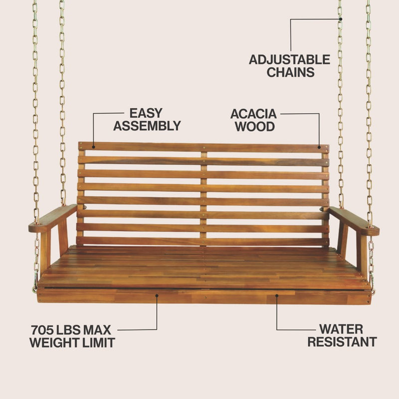 Natura 51" Coastal Farmhouse 2-Seat Slate-Back 705-Lbs Support Acacia Wood Outdoor Porch Swing