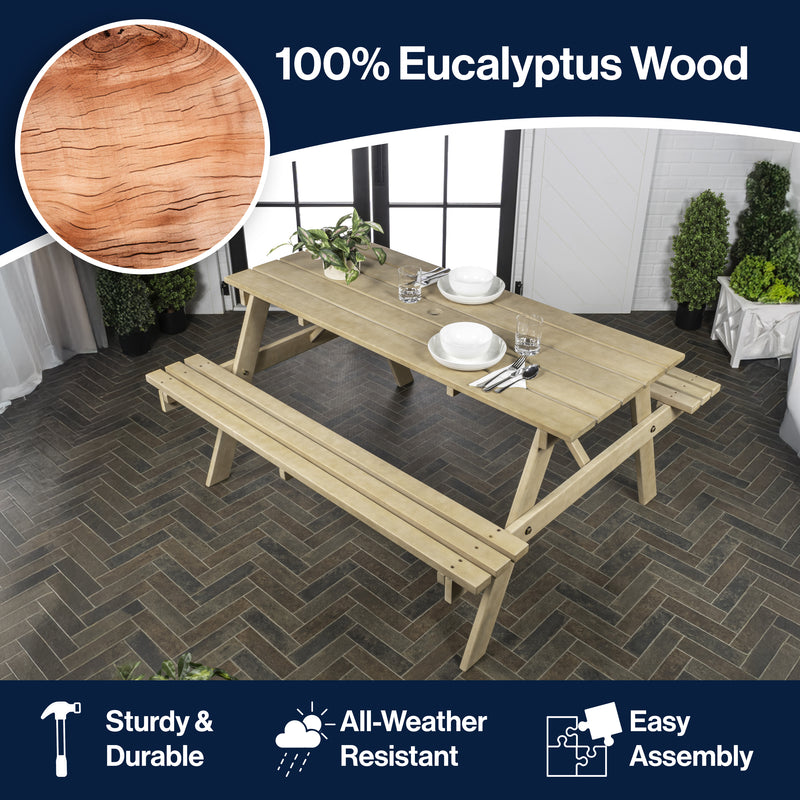 Shoreham 59" Modern Classic Outdoor Wood Picnic Table Benches with Umbrella Hole
